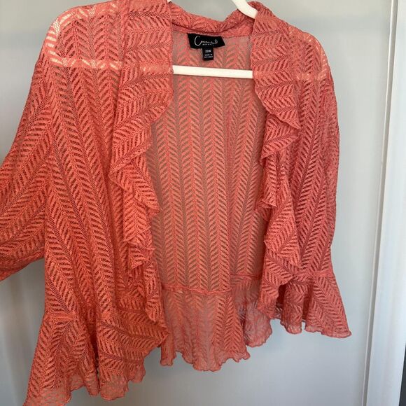 Vintage Connected Apparel Ruffle Cardigan, Y2K Pink Leaf-Patterned Flowy Blouse - Picture 3 of 6